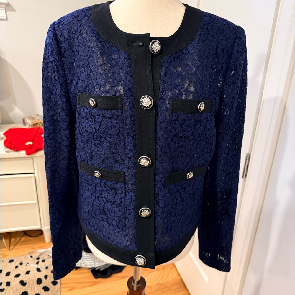 Elie Tahari Navy Lace Button-Front Blazer - Picture 5 of 15
